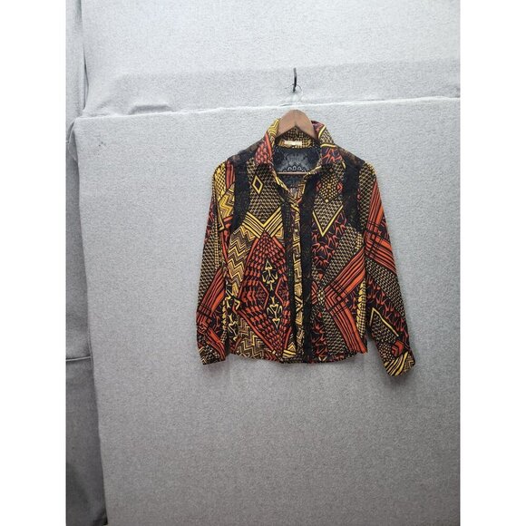 Under Skies Womens S Geometric Print Button-Up Blouse W/ Black Lace Contrast - Picture 1 of 6